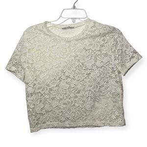 Zara White Floral Lace Short Sleeve Mesh Blouse Top Romantic Feminine Sz Small